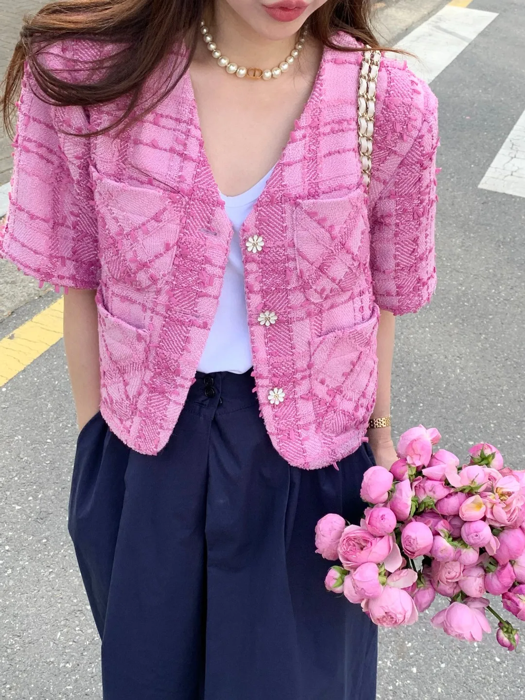 

Summer French V-Neck Exquisite Button Up Multi Pocket Three-Dimensional Diamond Grid Short Sleeved Jacket Women Coats