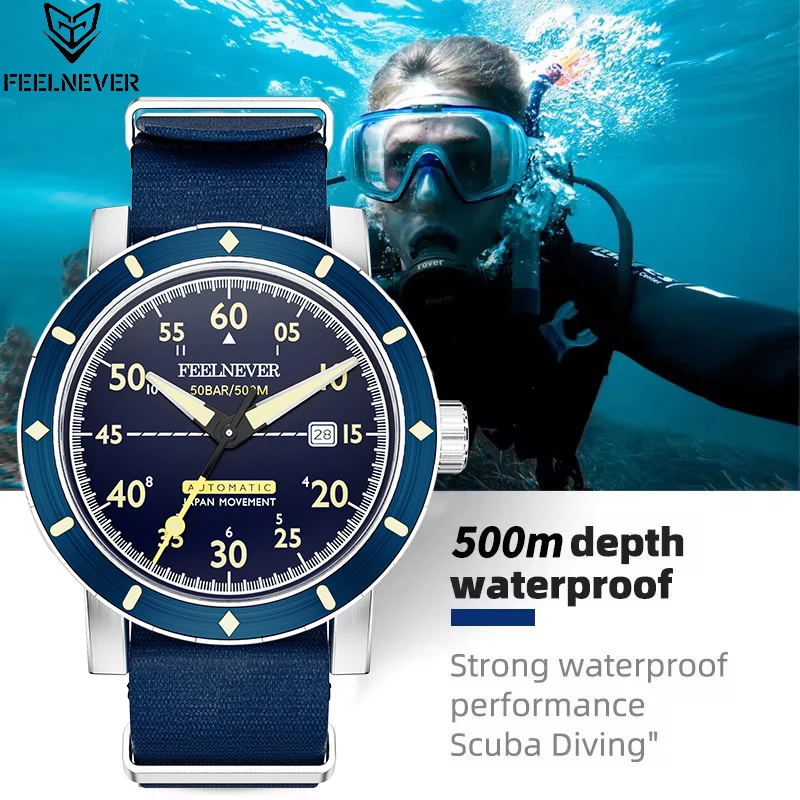 FeelNever Professional Fashion Outdoor Sport Men Automatic Mechanical Watch 500M Waterproof Casual Nylon Strap Date Wristwatches