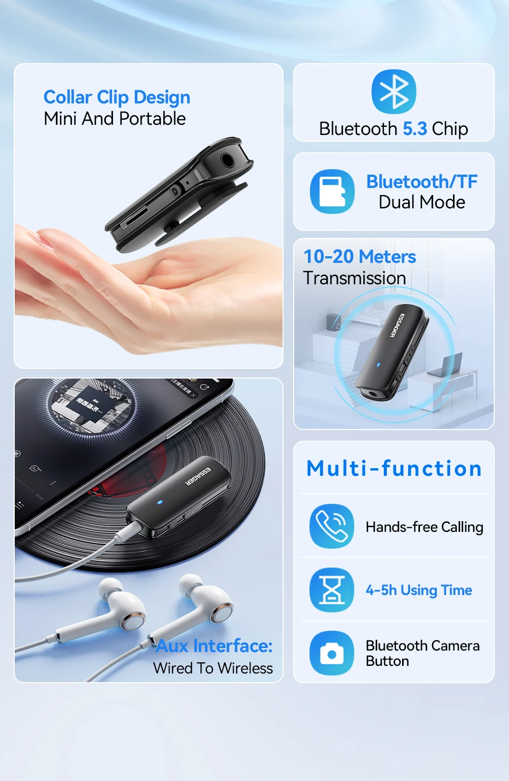 Essager Multifunktionaler Bluetooth 5.3-Adapter, 3,5-mm-Klinkenstecker, Aux-Wireless-Adapter, Stereo für Kopfhörer, Telefone, TV, Auto-Audio-Receiver – Detail 2