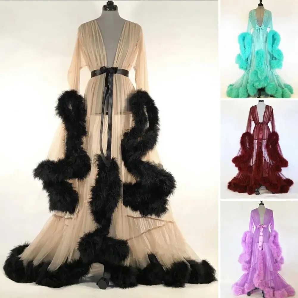 New Wedding Night Bath Dress Women Sexy Deep V Neck Sequins Glitter Mesh See Through Back Open Mesh Fluffy Sleeve Seductive Robe