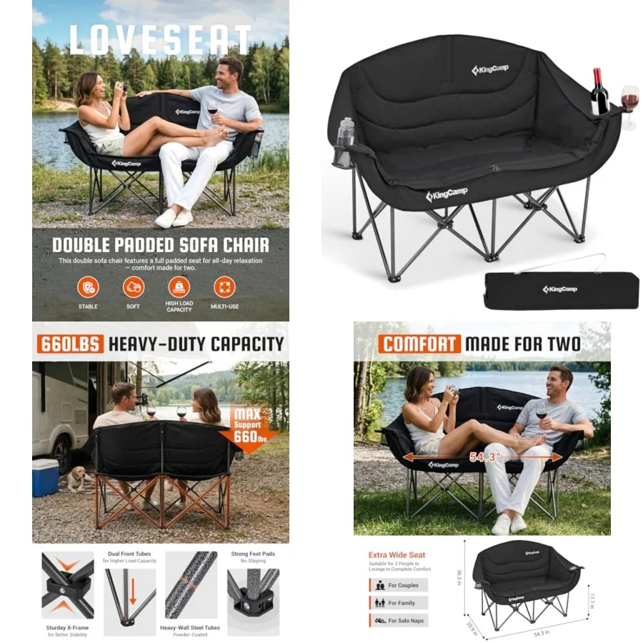 

Double Camping Chair, Oversized Heavy Duty 660lbs for Adults Portable Folding Couch Padded Comfortable Two Seat with Cup Holder