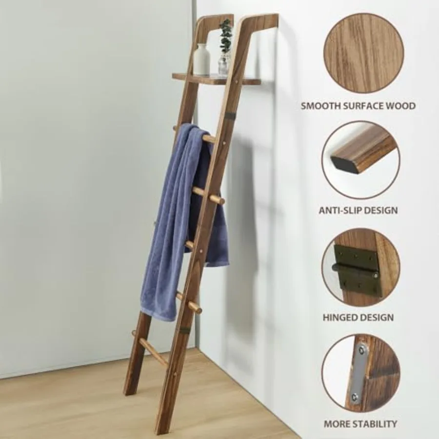 67-Inch Wooden Blanket Ladder with Shelf for Living Room - 5-Tier Farmhouse Towels and Quilt Rack Decor - Leaning Wall Display