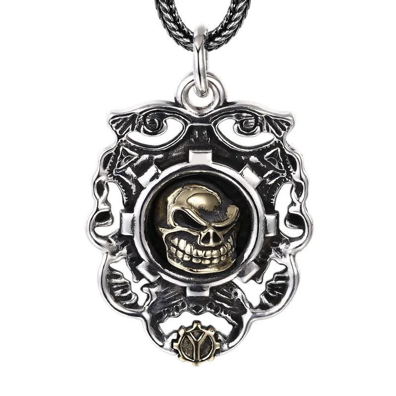 

Men's 925 Pure Silver Skull Necklace Pendant - Retro Distressed Thai Silver Design, Punk Rock Statement Accessory