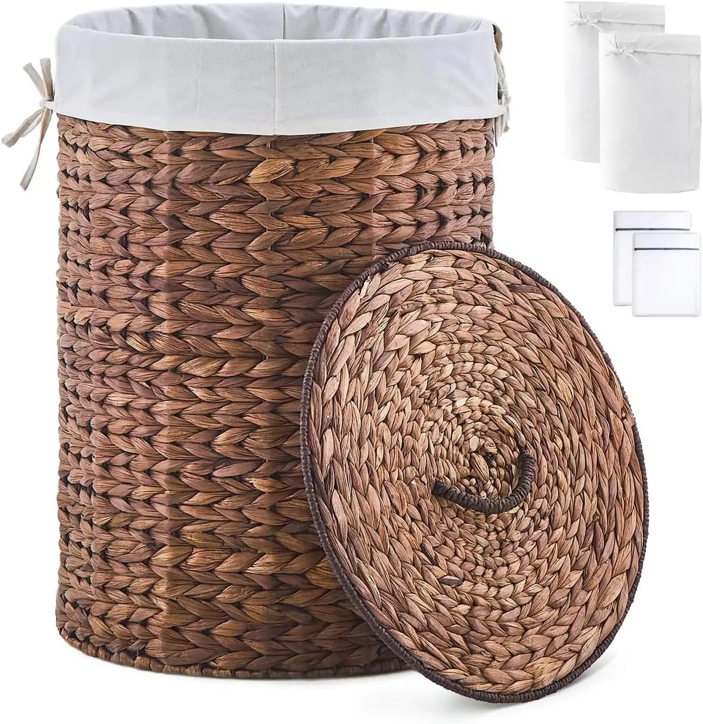 Round Water Hyacinth Laundry Hamper with Lid Handwoven Wicker Basket with Handles for Dirty Clothes, Storage, and Organization Ideal for Bedroom, Bathroom, and Laundry Room, No Assembly Required, 90L