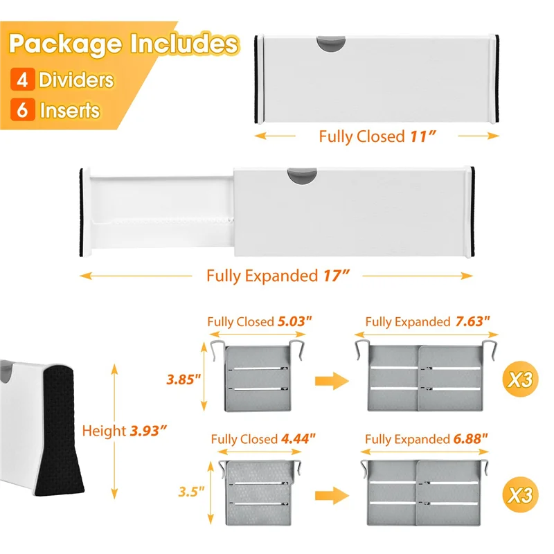 Drawer Dividers Organizer 4 Pack, Adjustable Separators with 6 Inserts 4Inch High Expandable From 11-17Inch for