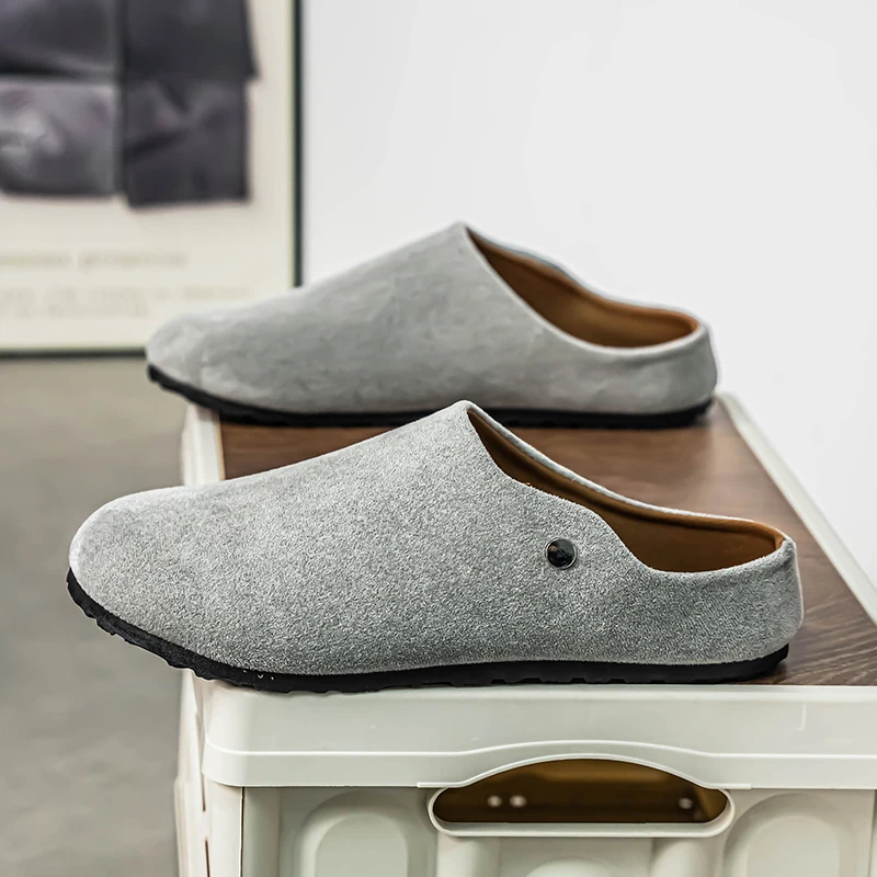 

Men suede leather Mules Close Toe Slippers Spring Summer Slip on Flats Unisex Low-heeled Comfort Potato Slides