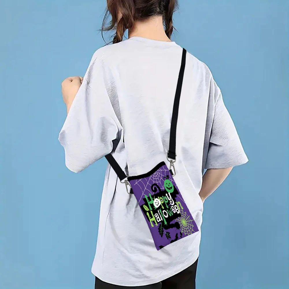

Halloween Purple Phone Pouch with Lanyard,Exquisite Pattern Print CrossbodyBag Polyester Fabric Shoulder Bag MobilePhoneCase7.16