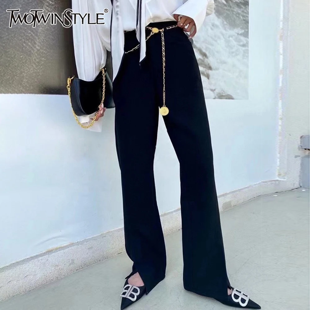 

TWOTWINSTYLE Solid Minimalist Pants For Women High Waist Patchwork Chain Temperament Casual Pant Female Fashion Style Clothing