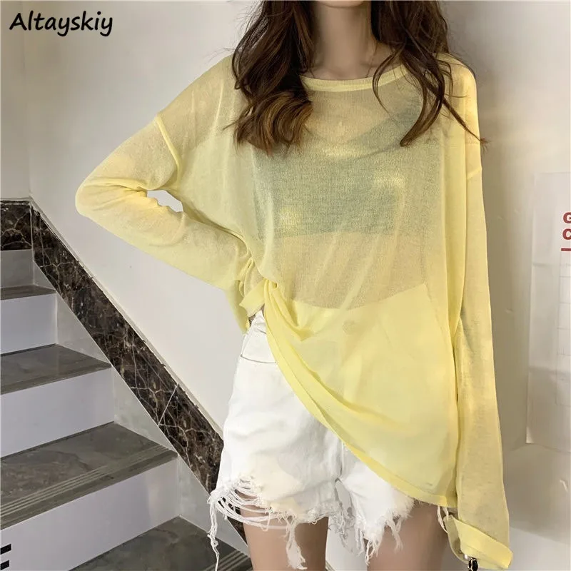 Sheer T-shirts for Women Long Sleeve O-neck Candy Colors Spring Summer All-match Young Loose Fashion Korean Style Chic Students