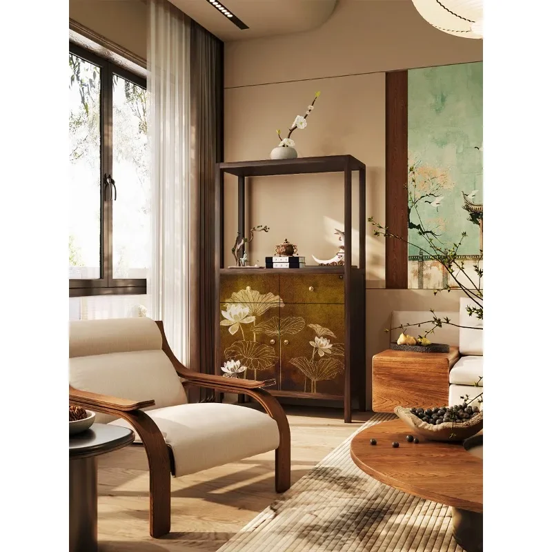 Retro lotus solid wood dining side cabinet opposite door classical living room porch cabinet locker bogu rack