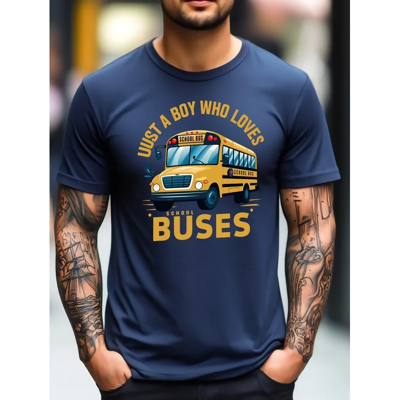 Men's High-quality T-shirt, Fun 'School Bus Printed T-shirt, Men's Short Sleeve T-shirt, Regular Casual Daily Men's Top, Men's T