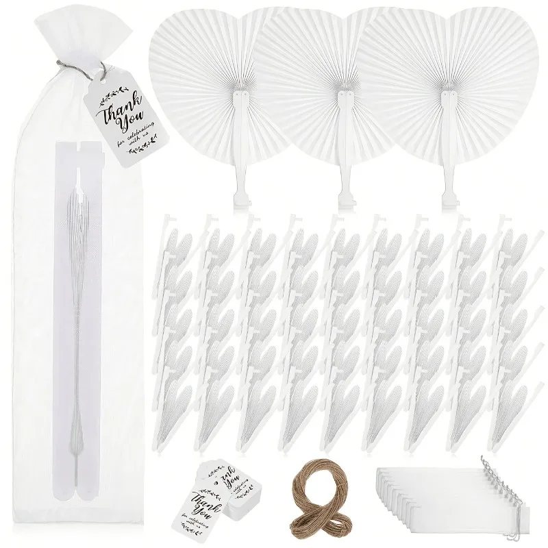 18Pcs Heart Folding Paper Wedding Hand Fan Set, White Fans With Gift Bags Thank You Cards For Wedding Party Reception Decor