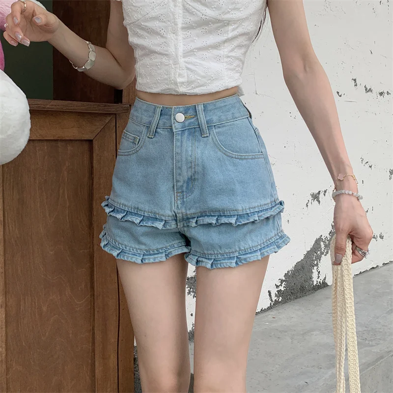 

2025 Women's Y2K Jeans Double Ruffle Light Blue Denim Shorts High Waist A-Line Stretch Hot Pants 2726