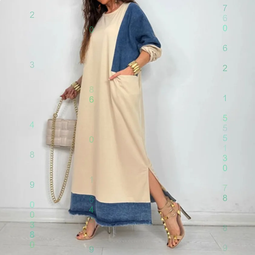 

Women's Loose Patchwork Long Sleeve Dresses Casual Maxi Dress Spring Summer Round Neck Boho Tunic Tops