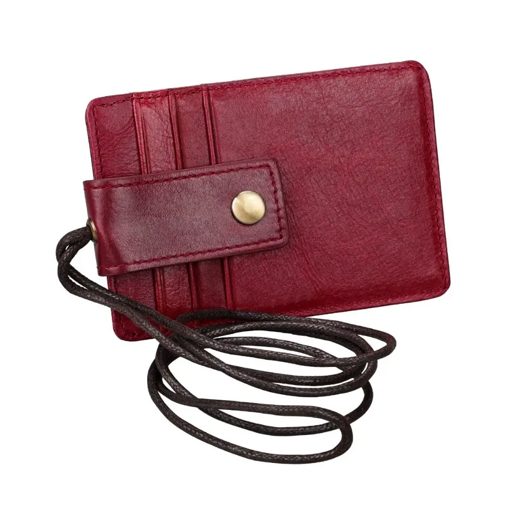 Portatarjetas de identificación de cuero genuino, insignia de identidad con cordón, cubierta de tarjeta con bloqueo RFID, monedero, tarjeteros de trabajo con bloqueo RFID