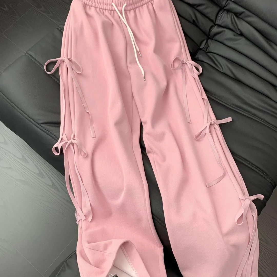 Fashion Grey Sweatpants High Waist Elastic Drawstring Bow Knot Side Pockets Wide Leg Pants Loose Solid Color Streetwear Daily