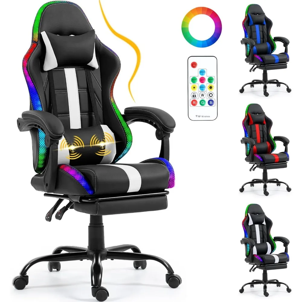 

Massage Gaming Chair, Video Game Chair with LED Lights, Ergonomic Computer Chair with Footrest and Lumbar Support, Heig