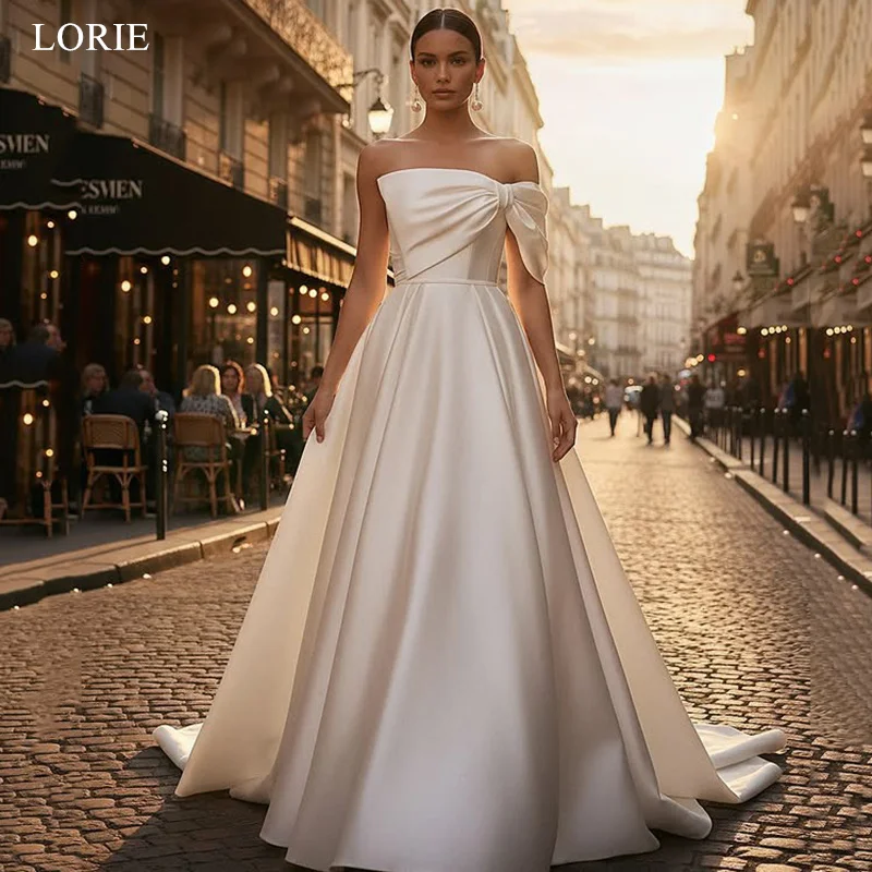 

LORIE Elegant Satin Strapless Wedding Dresses A-Line Sleeveless Bride Prom Gown Bow Floor-Length Bridal Gowns Customized