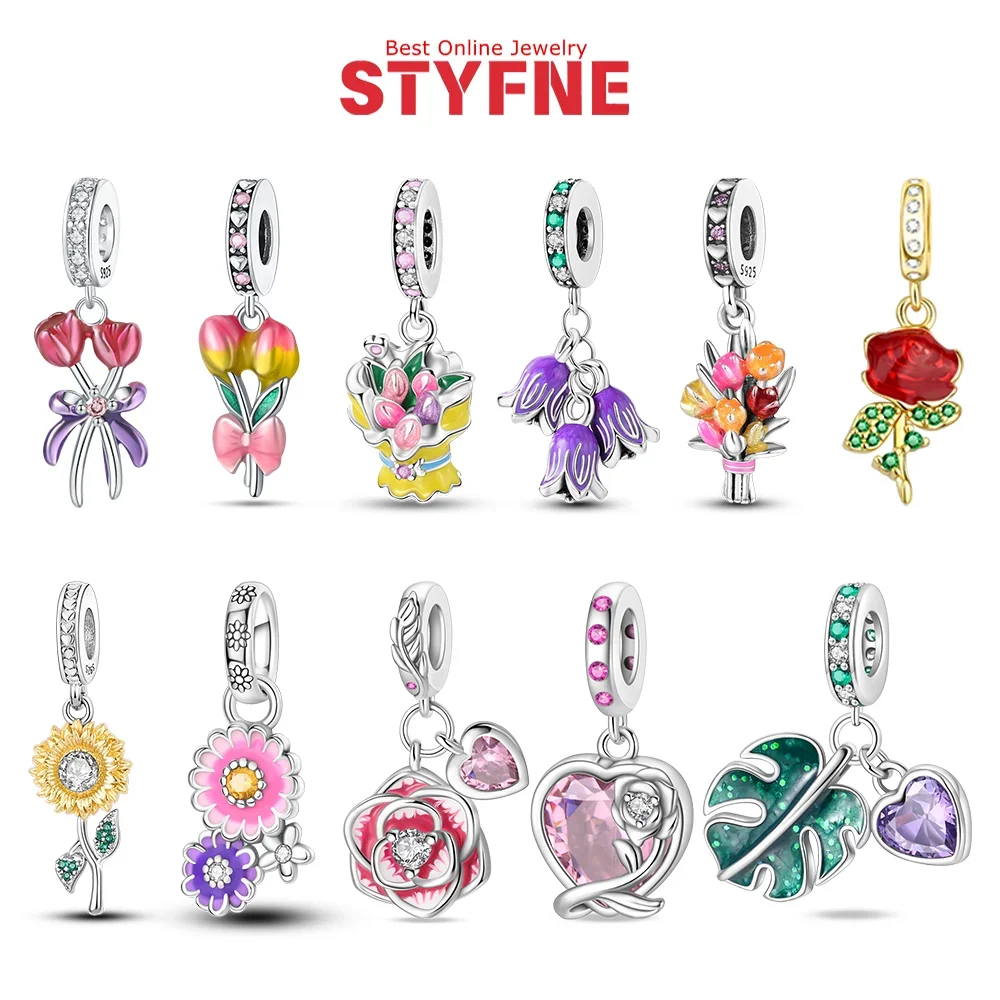 

Silver 925 Multicolor Tulip Rose Daisy Sunflower Charm Beads Colorful Flower Pendants Fit Original Bracelet DIY Jewelry Gift