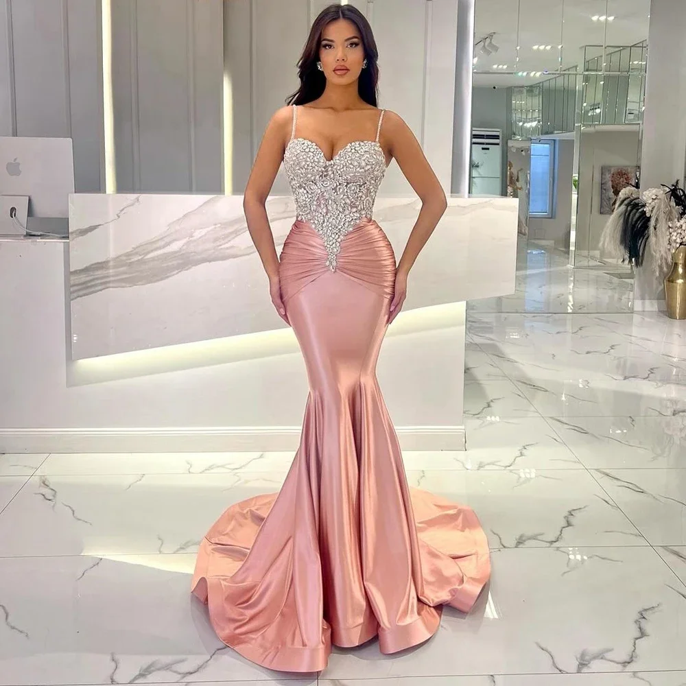 Mermaid Formal Dresses Personalized Spaghetti Prom Gowns Backless Evening Party Formal Dress robe de soiree Dubai Pink Beading
