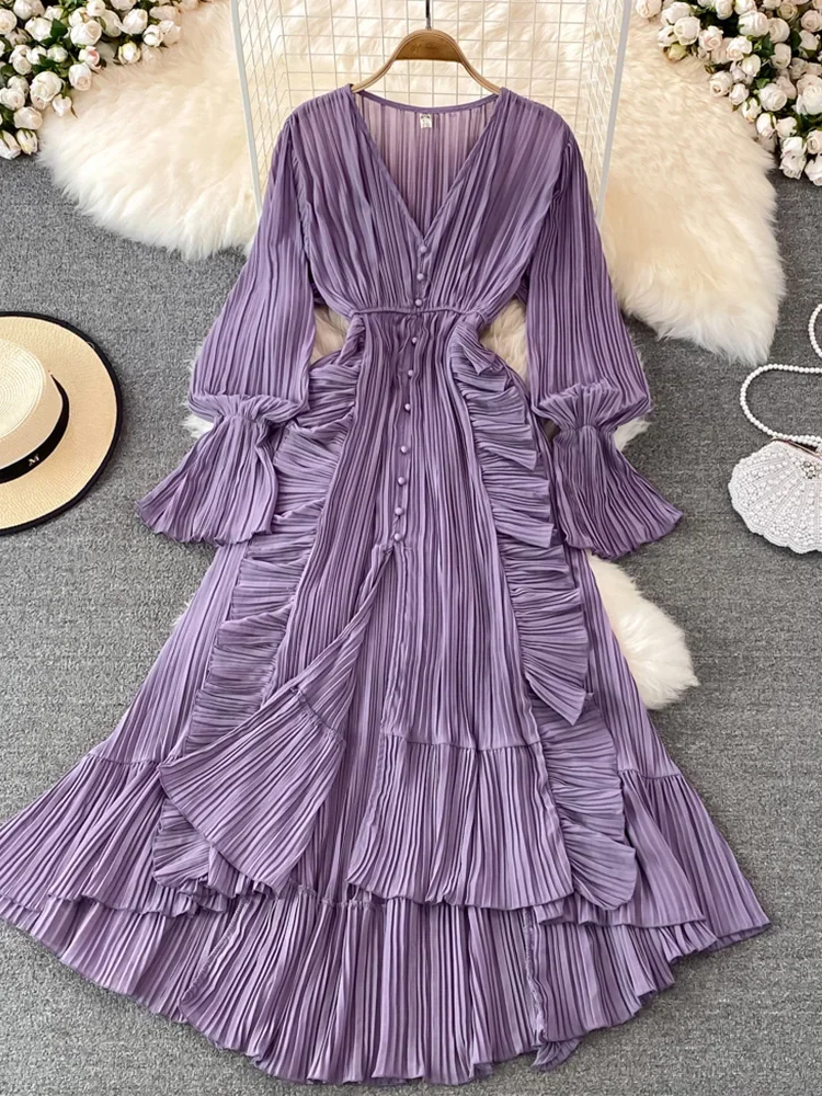 2024 Autumn New Holiday Style Ankle Length Long Dresses Women Sexy V Neck Puff Sleeve Lace Elegant Evening Party Summer Dress