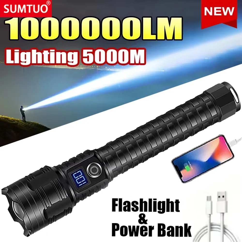 2025Nieuwe 12000mAh witte laserzaklampen 1000000 LM Ultra krachtige zaklamp Zoom USB oplaadbare lantaarn Outdoor campingzaklamp