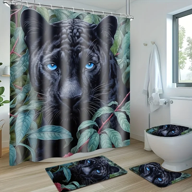 

4-Piece Bathroom Decor Set with Black Panther Animal Print, Multiple Sizes of Mats, Absorbent Non-Slip Bathtub Mat, Toilet