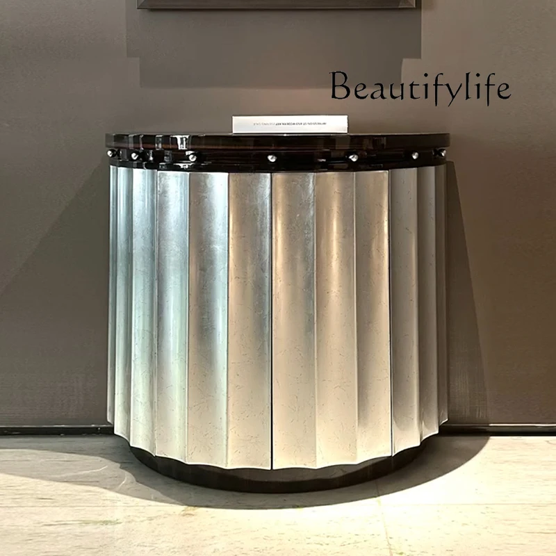 

Modern simple solid wood porch cabinet semi-round against the wall foyer corridor cabinet light luxury porch table luxury