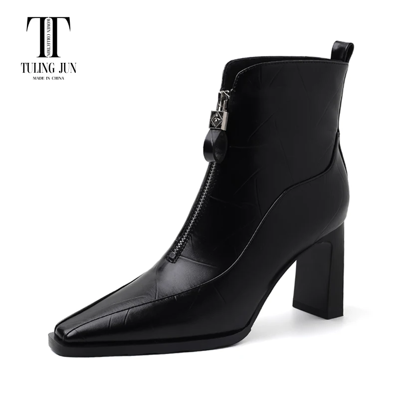 TULING JUN 2024 Winter Concise Famale Square Head Super High Heels Shoes Solid Color Elegant Zip Ankle Boots For Womens T-A5032