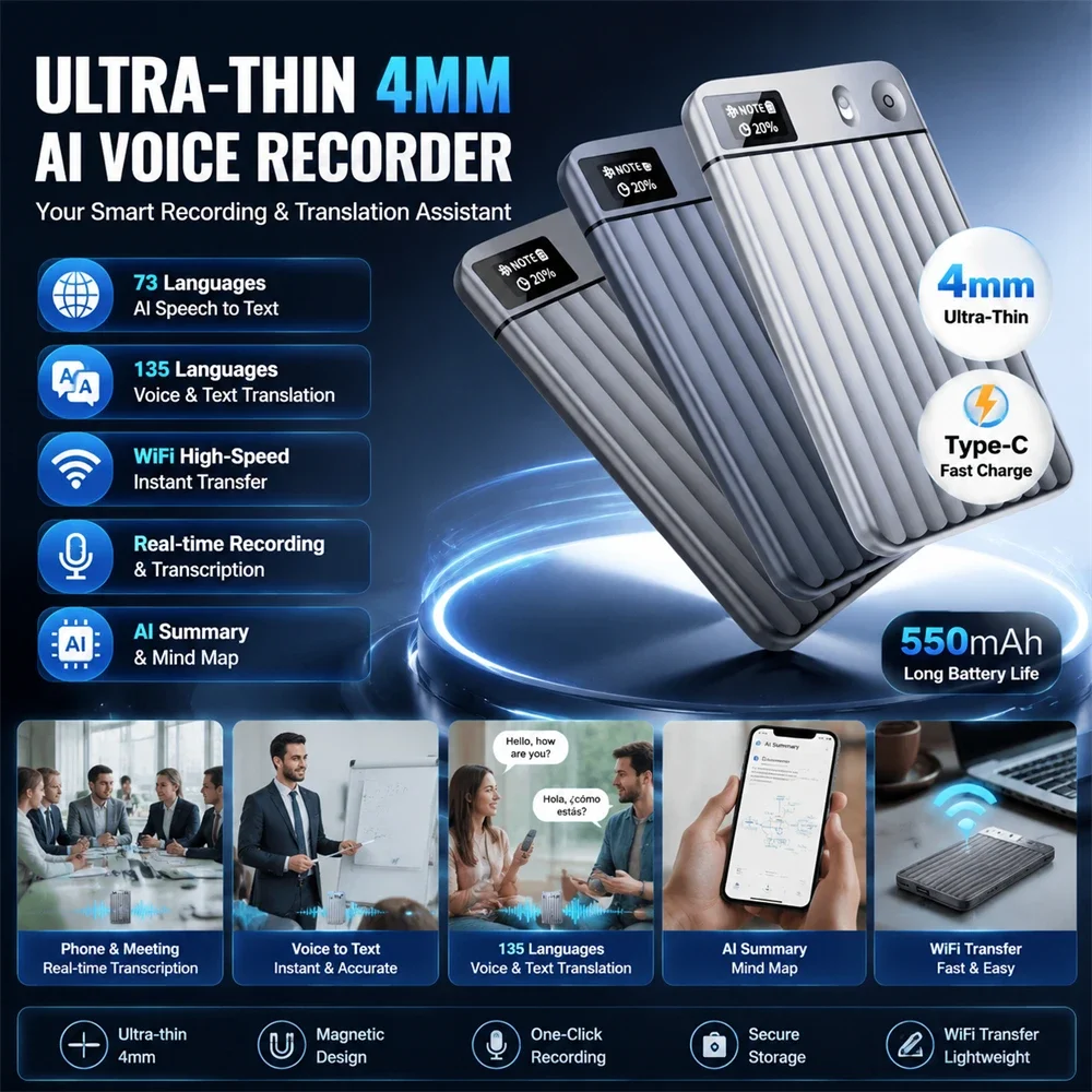 New Pocket Thin AI Voice Recorder 8GB Real-time Transcription Summary Mind Map Audio Recorder for Meeting Call Lecture Interview
