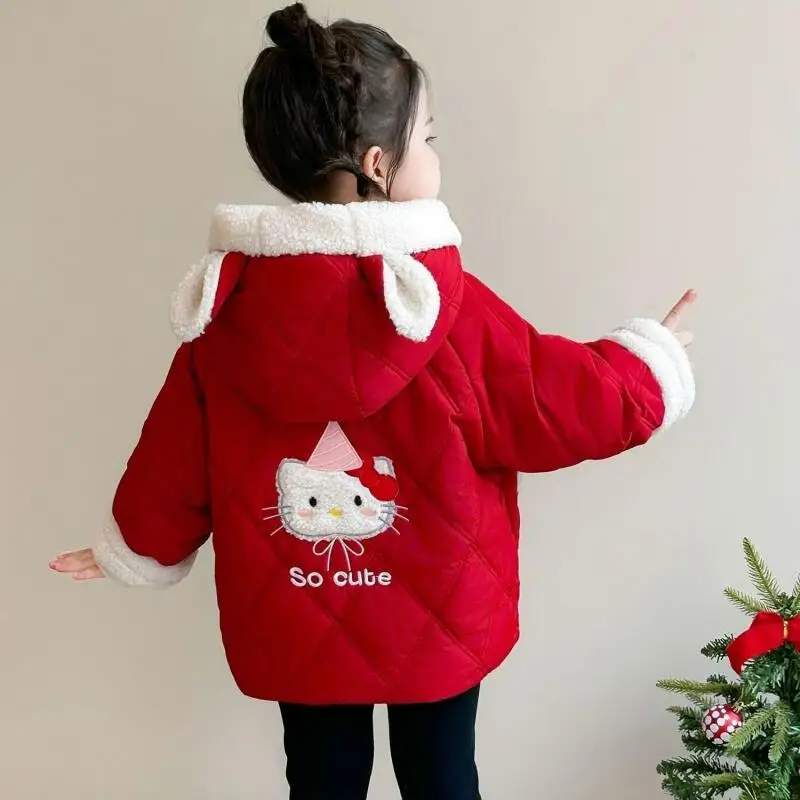 

Hello Kitty Kids Cotton Padded Jacket Sanrio Girls Cartoon Kawaii Hooded Outdoor Coat Y2K Velvet Warm Autumn/winter Clothes New