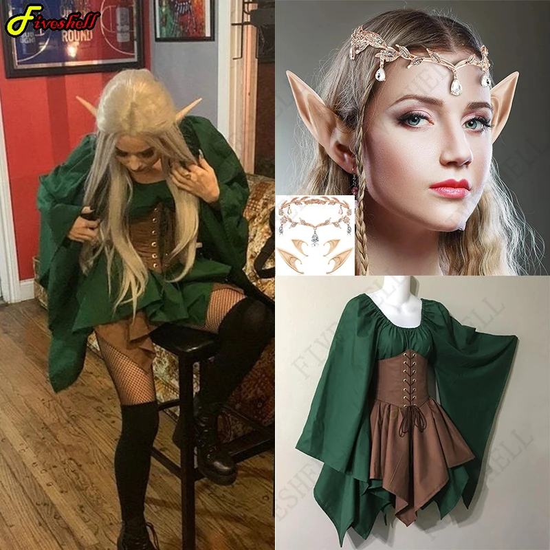 

S-5XL Adult Women Medieval Elf Fairy Elven Costume Wench Celtic Princess Dress Lace Up Waist Cincher Corset Set Jagged Dresses