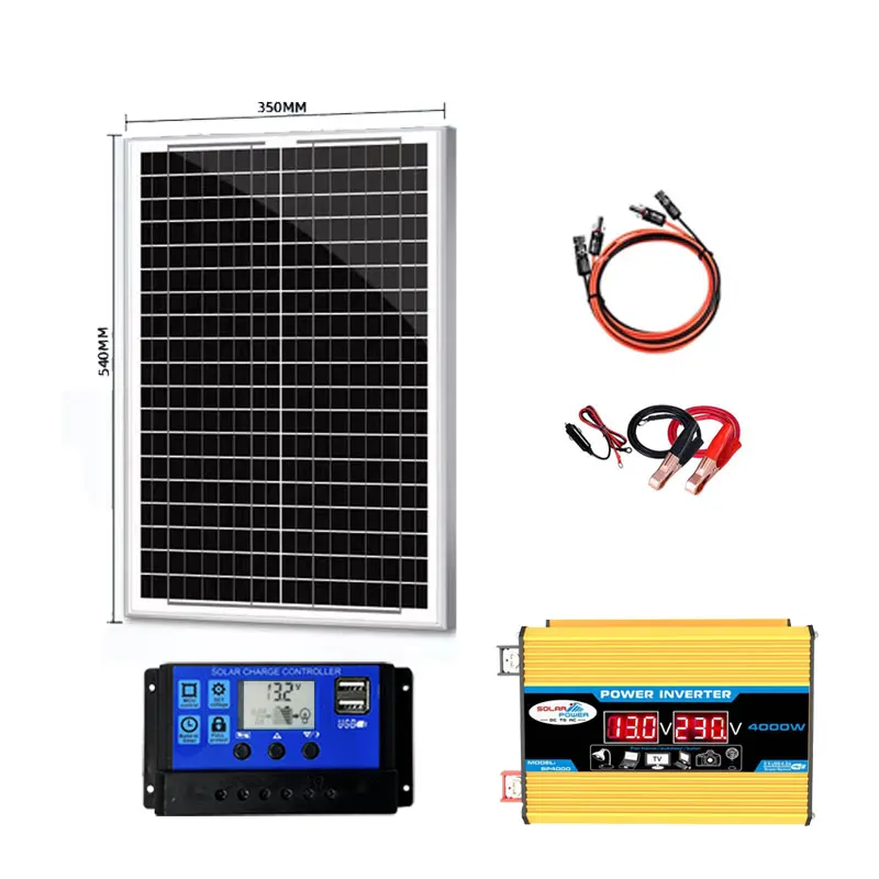 110V/220V 500W Glass Solar Panel System 12V Battery Charging Controller 4000W Solar Inverter Kit Complete For Home/Outdoor Use