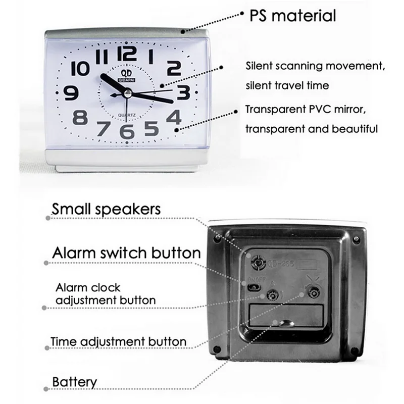 A008 2X Bedroom Desktop Bed Wake Up Clocks Bedroom Beside Student Plastic Silent Sweeping Small Table Clock Alarm Clock-White