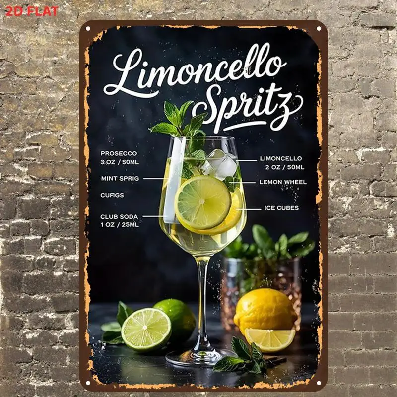 2D Flat, 2D Flat,1pc,Limoncello Spritz Recipe PosterMetal Iron Sign, Pre-Drilled Holes, Suitable for Indoor, Garden,Outdoor, Hom