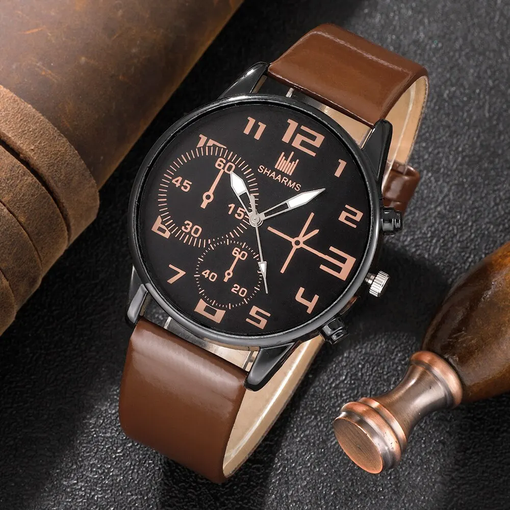 Juego de 5 piezas para hombre, relojes de pulsera deportivos a la moda, reloj de pulsera de cuarzo con esfera grande Retro, Reloj clásico informal de cuero marrón