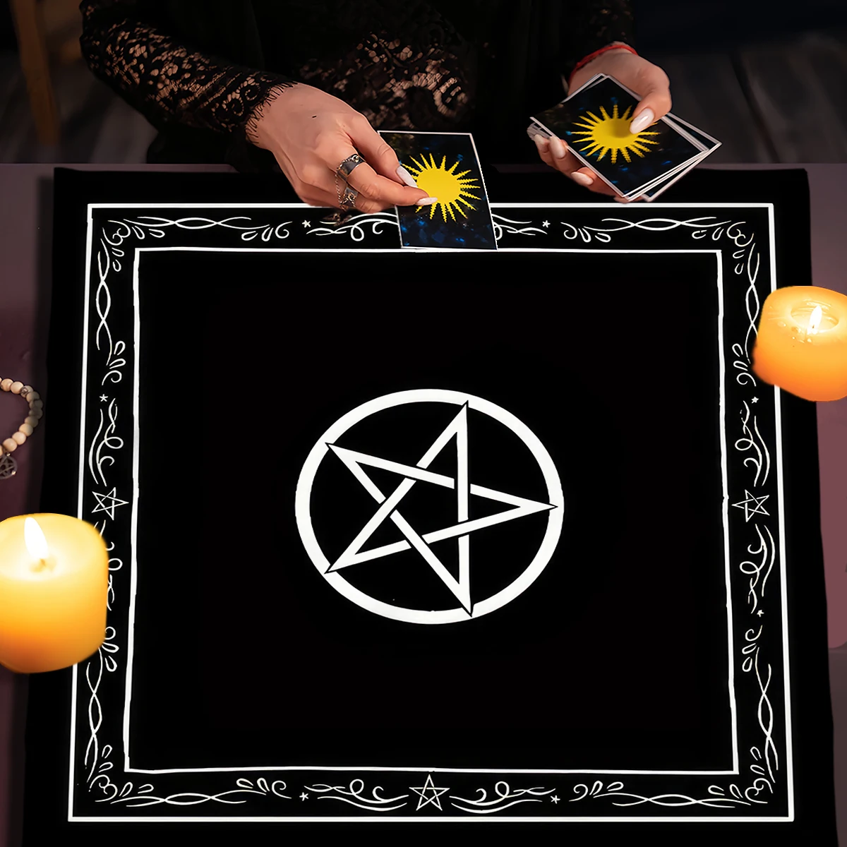 50/75cm Black Pentagram Altar Cloth Tarot Mystical Divination Tablecloth White Border Mat Waterproof Polyester Altar Cloth