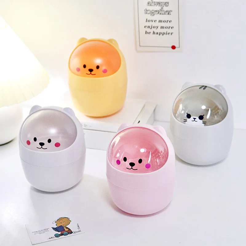 

Cute Desktop Mini Flip Garbage Storage Bucket Cartoon Bear Office Pen Holder Desk Pencil Case Waste Container Bucket Trash Can