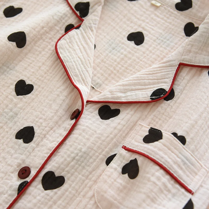 Small Fresh Summer Thin Short-sleeved Shorts 2PCS Women's Crepe Pure Cotton Pajamas Love Lapel Gauze Cotton Loungewear
