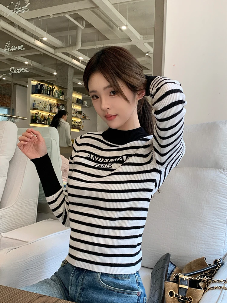 

Эластичный трикотажный топ Ele Bla в белую полоску, облегающий, повседневный, женский, с длинным рукавом, круглым вырезом, шерстяной