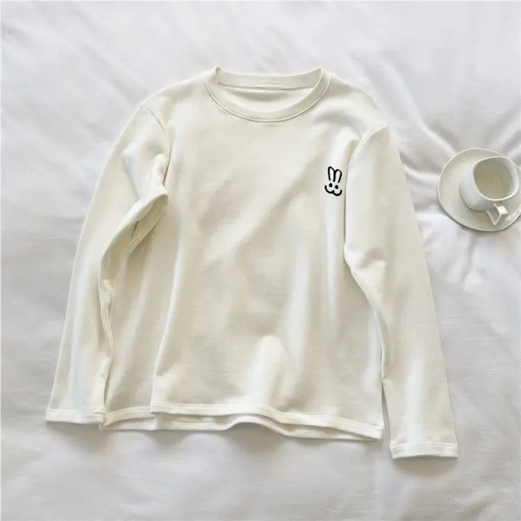 Super Soft Double-sided Velvet Embroidered Rabbit Base Shirt Women's Autumn Winter Loose round Neck Thickened Flocking Trendy...