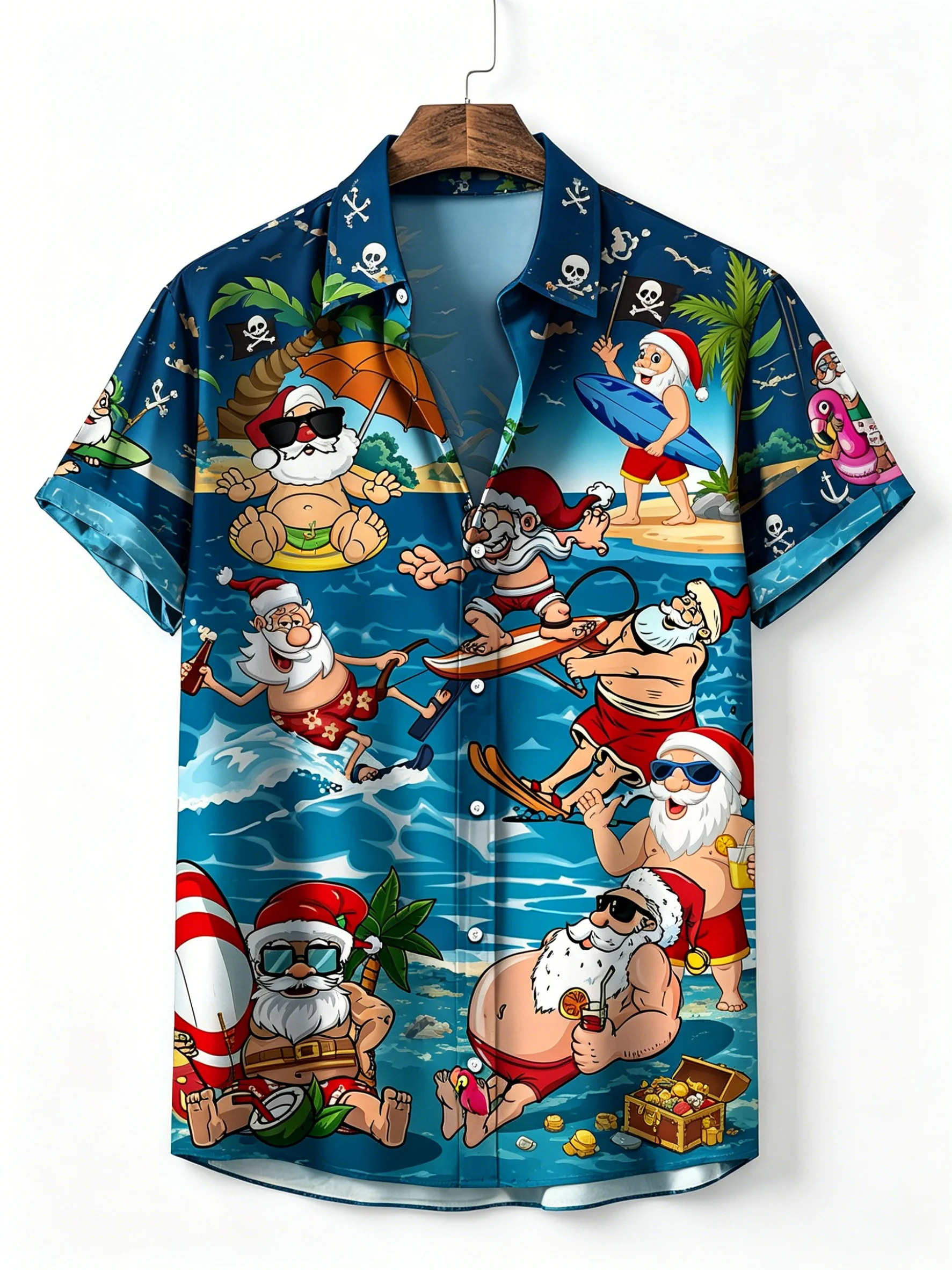 

Men's Blue Santa Surfing 3D Print Button Up Shirt, Turndown Collar Hawaiian Tops for Spring Summer Beach Casual Daily Wear