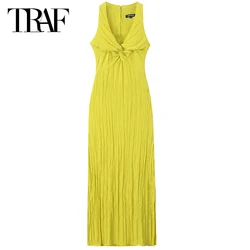 TRAF Yellow Wrinkle Effect Dress Women's Solid Sleeveless Summer Sundresses Elegant Midi V-Neck Knot Long Vestidos Resort Dress