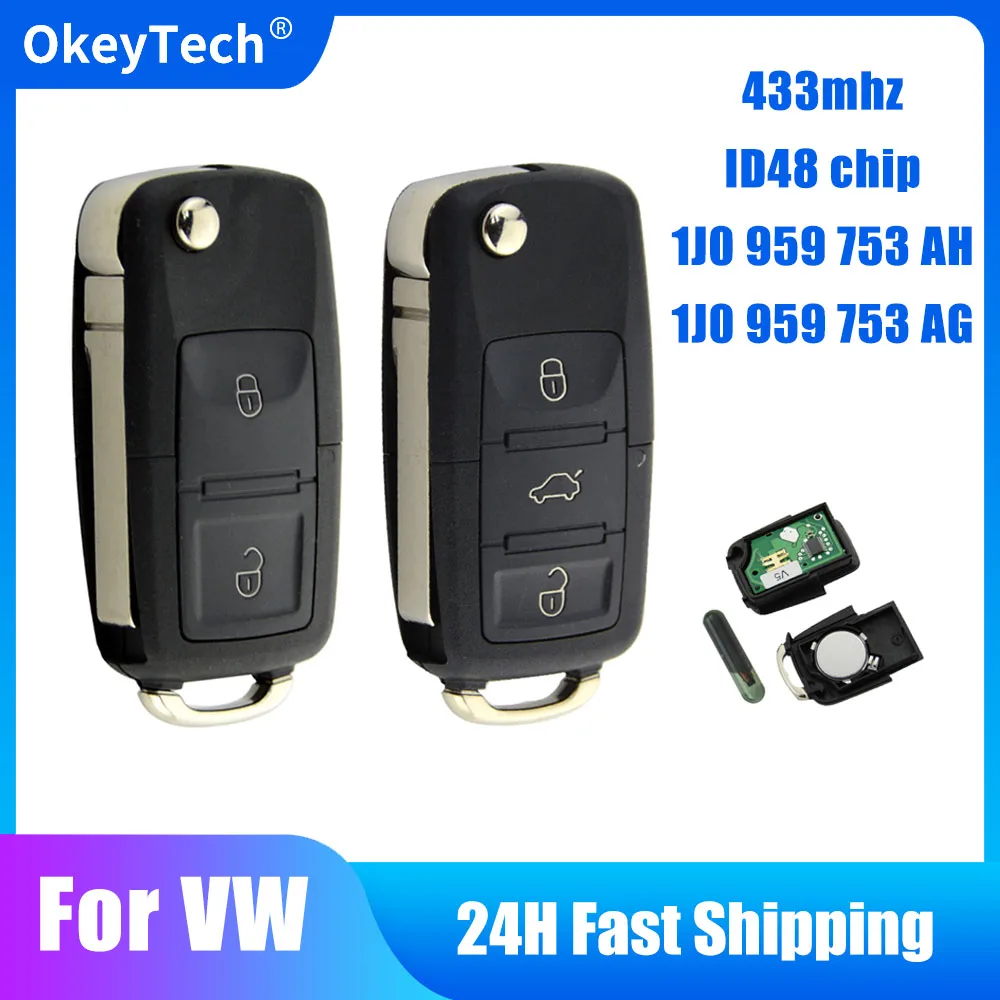 

OkeyTech 2/3 Buttons 434Mhz Flip Remote Control Car Key For Volkswagen 1J0 959 753 AG 1J0 959 753 AH With ID48 Chip