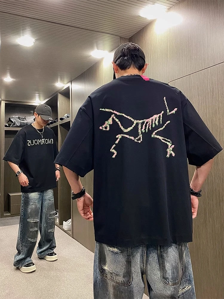 

2025 Summer Trendy Brand Letter Printing Short-sleeved Men's American Loose Casual Versatile Couple T-shirt Outdoor Cycling Top