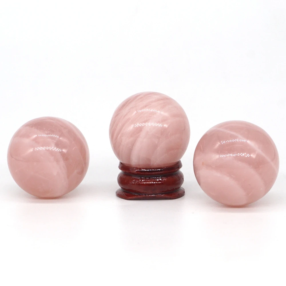 30mm Natural Gemstone Rose Quartz Crystal Reiki Healing Sphere Hand Massage Ball Feng Shui Home Decoration With Stand (1pcs)