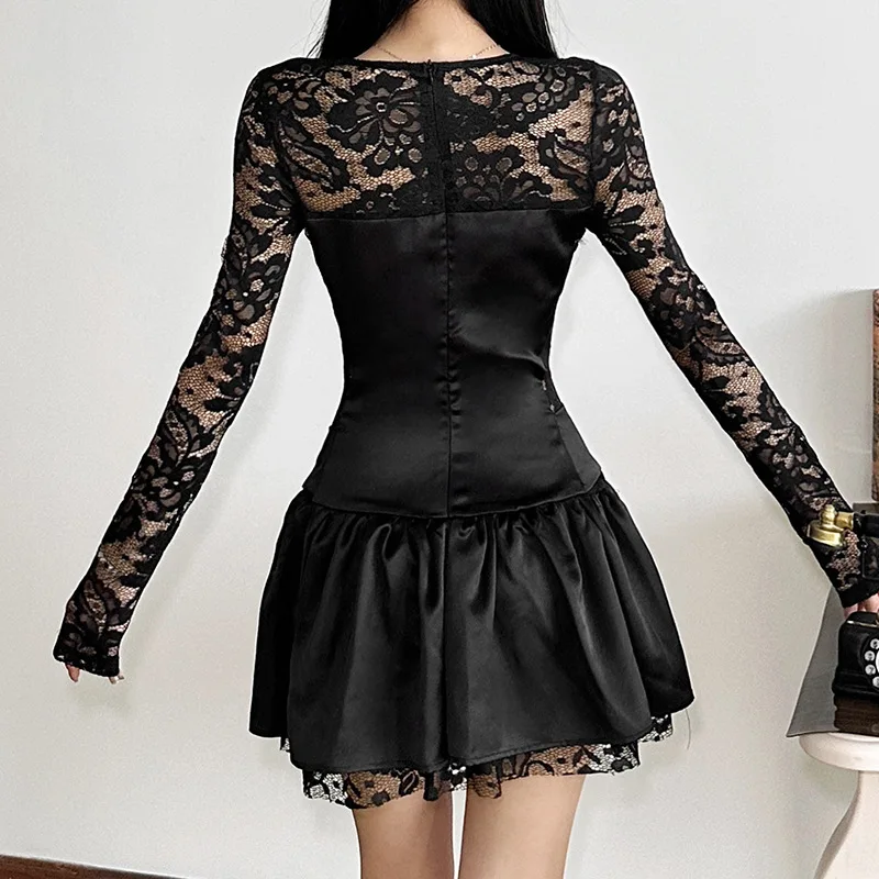 JHJN temperamento mujeres Mini falda de encaje de manga larga Vestido cuadrado cuello grande Vestido con lazo pliegues Vestido elegante de malla dulce Vestido de niña