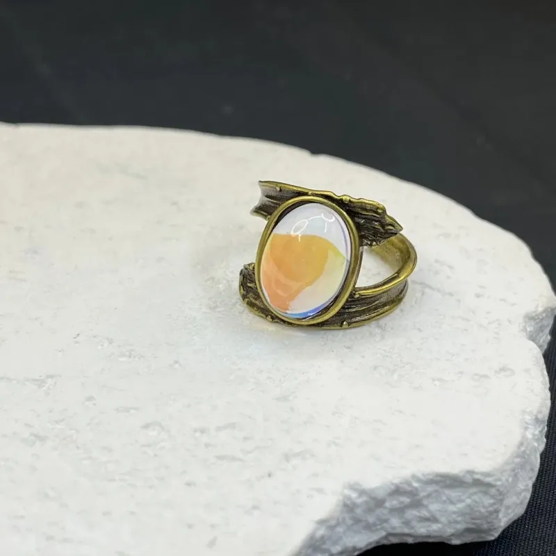 Blackened Wide Band Opal Ring Set in Sand Gold Material Retro Open Design Unisex Individuality Small Niche Egg Shape Ring