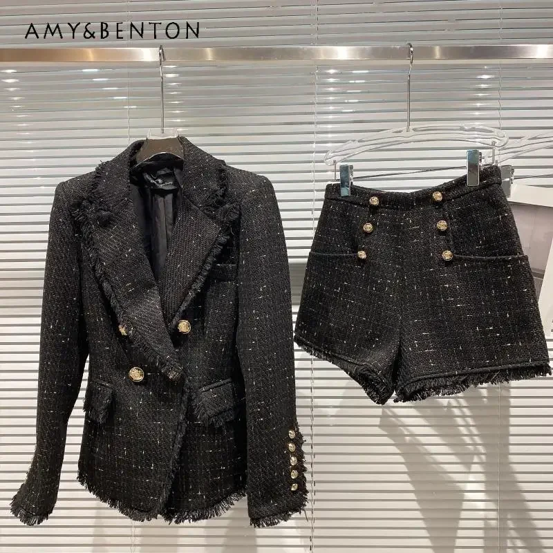 2024 Autumn New British Tweed Metal Buckle Lapel Jacket + Fringed Shorts Two-piece Set Women Temperament Commuter Style Outfits