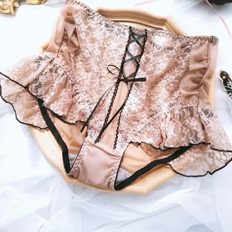 

Kawaii Palace Ruffled Sexy Lace Panties for Ladies Sweet Cross Bowknot Underwear Lolita Thin High-Waist Girly Plus Size M-6XL